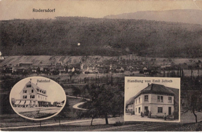 <p>Rodersdorf Totalansicht , Bahnhof , Jeltsch Emil Handlung , Karte leichter Bug rechts oben ,</p>